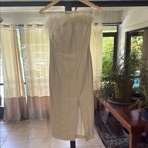 Fate Cream Strapless Sheath Dress with Slit